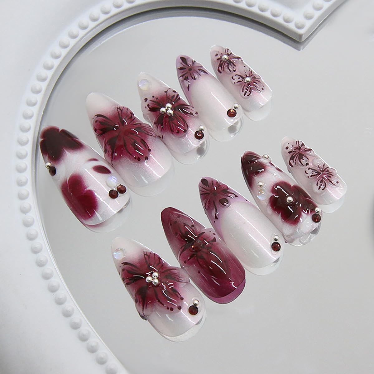 Floral Press-On Nails - 24Pcs Medium Almond Fake Nails with Rhinestones | Purple Full Cover Spring Acrylic