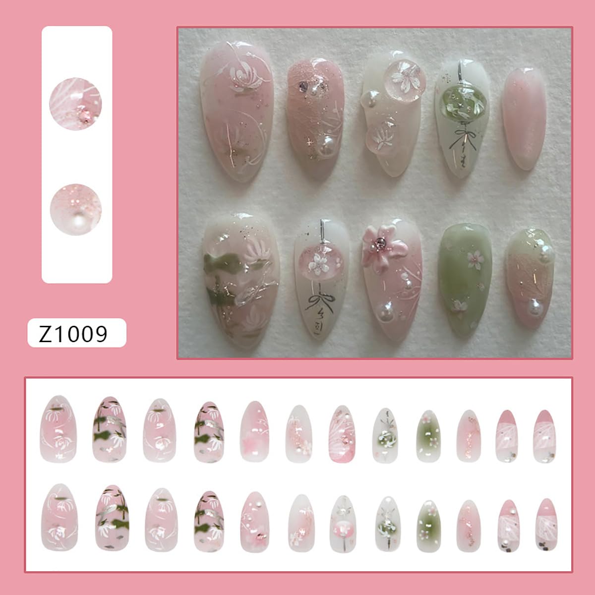 Press On Nails - 24Pcs Pink Flower Almond Nails with Pearl Design | Full Cover Spring Fake Nails for Women