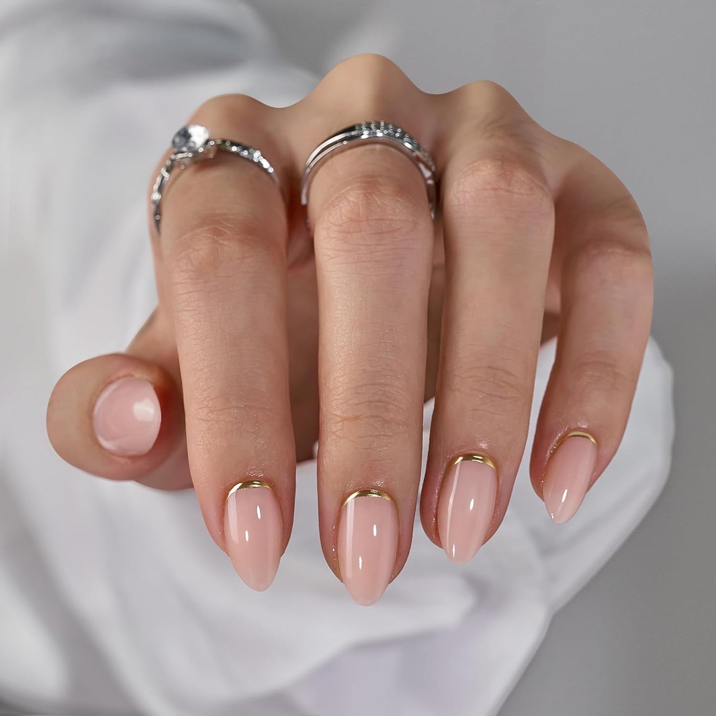 French Tip Press On Nails - Chrome Short Almond Design | Semi-Transparent Soft Gel, 16 Sizes, 32 Piece Kit
