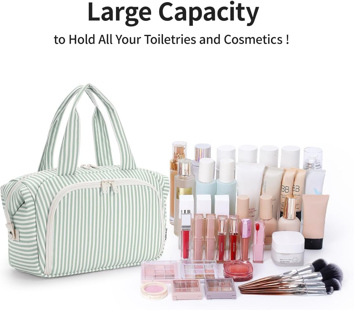 Travel Toiletry Bag for Women - Large Makeup Organizer with Handle | Mint Green Stripe, Wet Pocket for Essentials