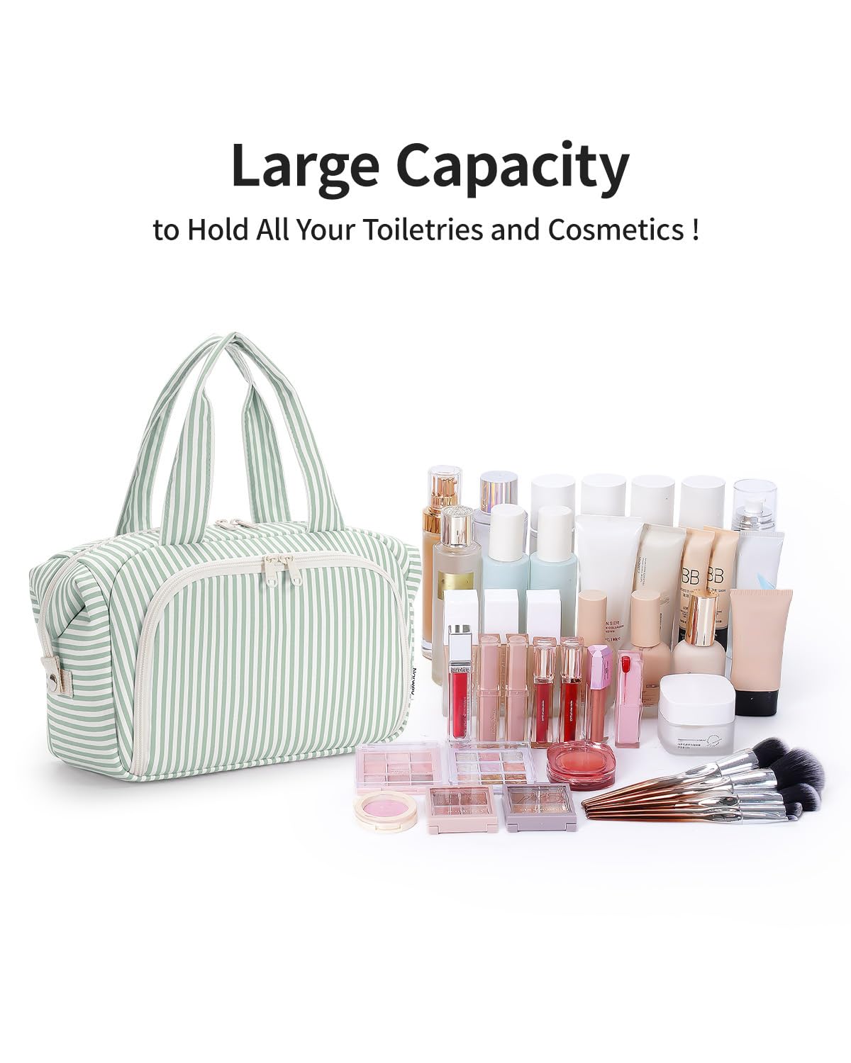 Narwey Travel Toiletry Bag for Women, Wide Open Large Makeup Bag, Cosmetic Bag Make Up Organizer with Handle, Wet Pocket for Towel, Travel Bag for Toiletries, Brushes, Essentials (Mint Green Stripe)