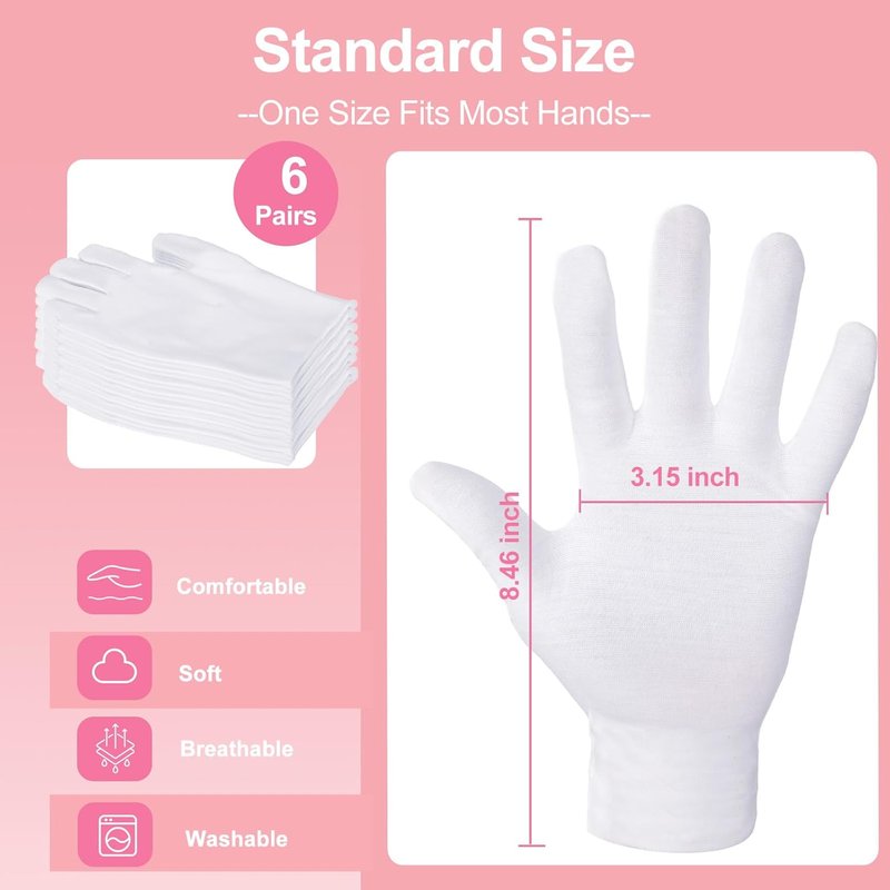 White Cotton Gloves for Eczema Care | 12-Pack Soft Sleep Gloves for Dry Hands, Arts & Crafts, Wedding, Halloween