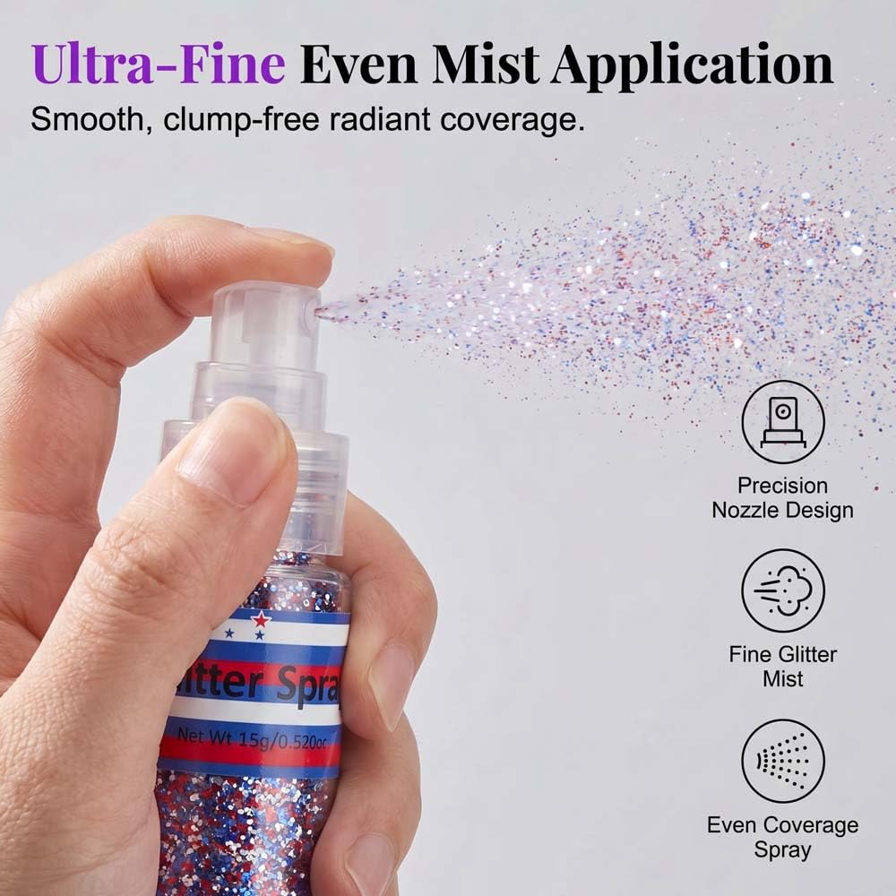 Red White Blue Glitter Spray for Hair and Body, Patriotic Shimmer Spray for 4th of July Independence Day Festivals and Parades, Sparkle for Women Party Looks (2pcs USA Flag Color+Silver-Rainbow)