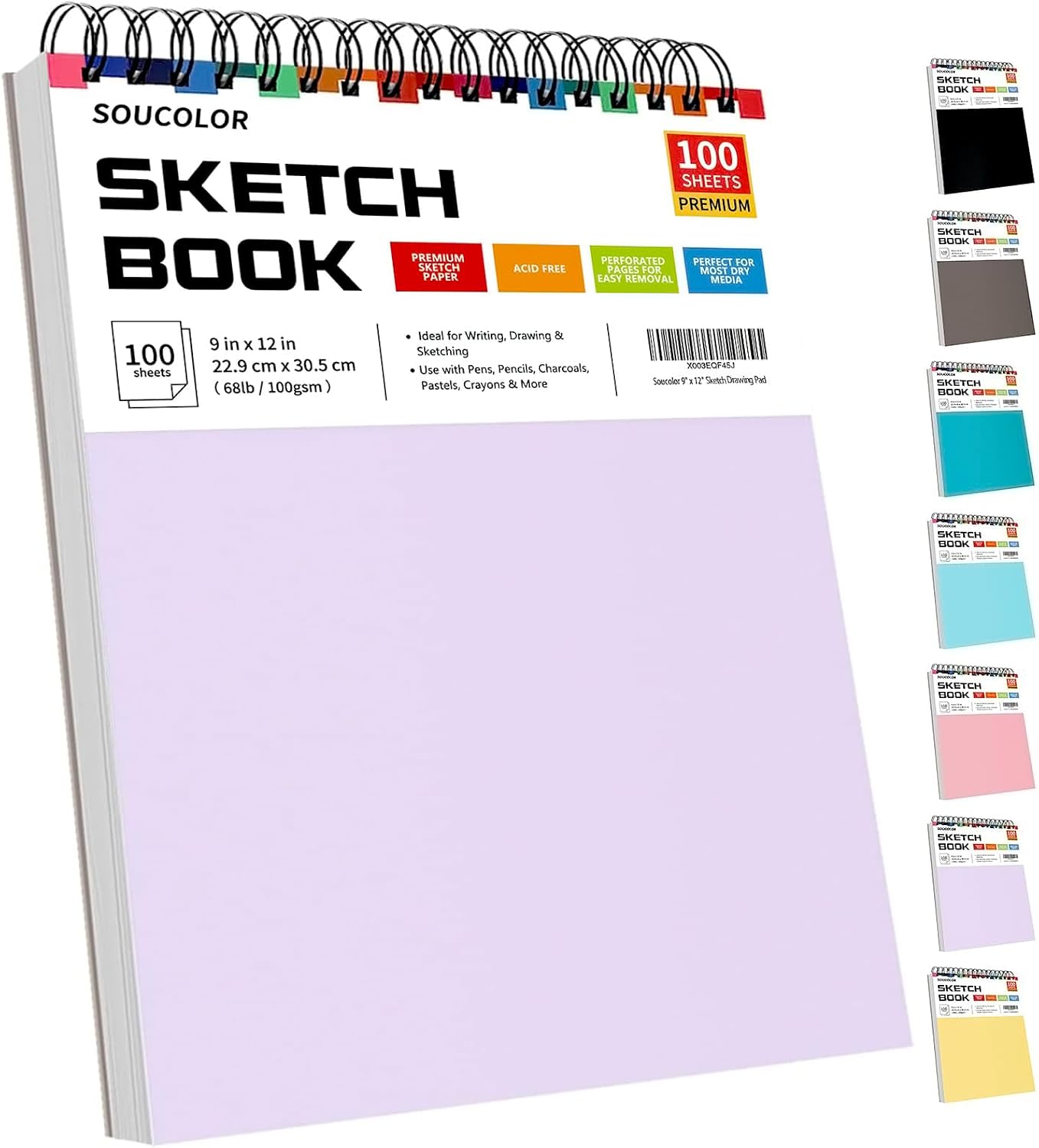 Soucolor Sketch Book - 9" x 12" Top Spiral Bound, 100 Sheets Acid-Free Drawing Paper | Ideal for Kids, Adults & Artists