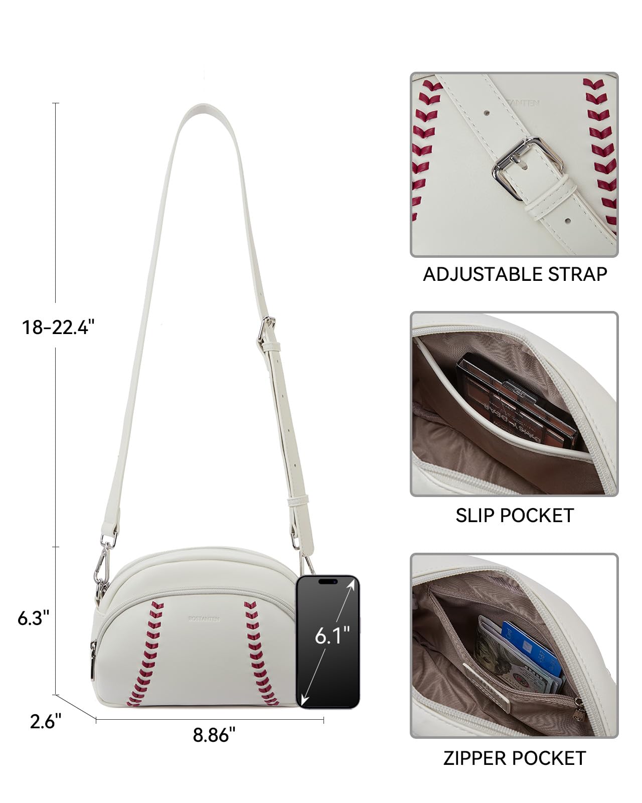 BOSTANTEN Baseball Crossbody Purses for Sport Mom Small Shoulder Bag Vegan Leather Women Handbags for Events White
