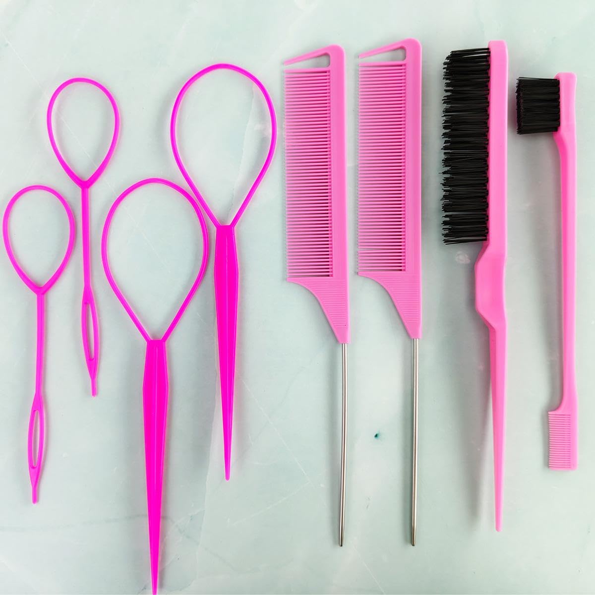 8Pcs Hair Styling Combs Set Include 4Pcs Topsy Hair Tail Tools 1Pcs Bristle Teasing Hair Brush 2Pcs Rat Tail Combs 1Pcs Edge Control Brush for Woman Girl(Pink)