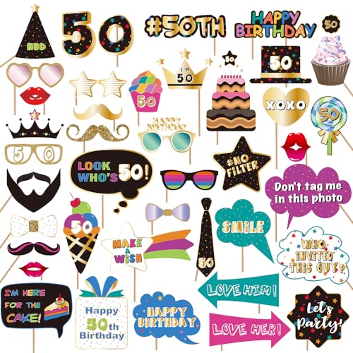 50th Birthday Photo Booth Props Kit - 40 Premium Quality Accessories