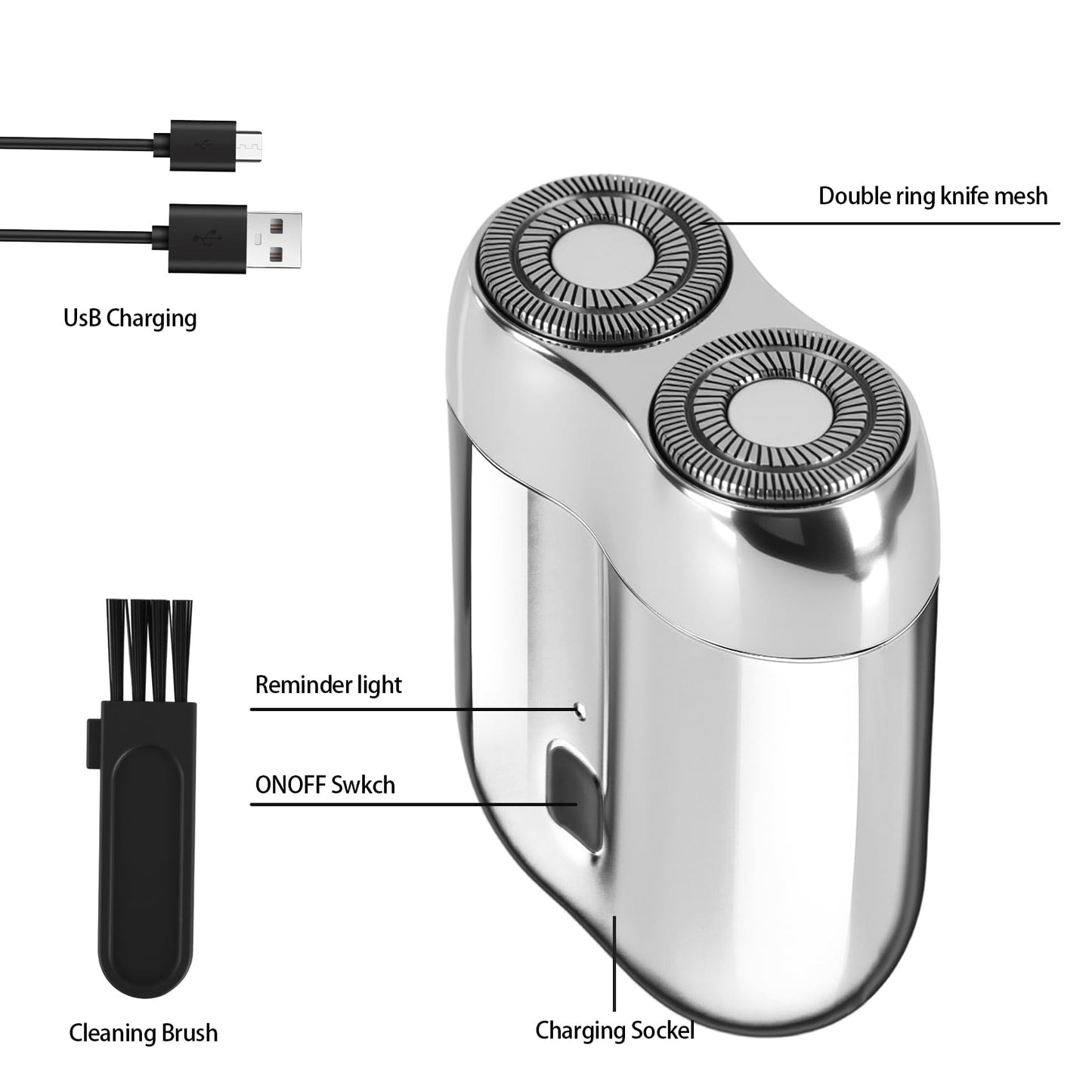 2026 New mini Electric Shaver for Men, Upgrade Pocket Dual Head Shaver, Portable Razor for Men, Rechargeable Waterproof Compact Travel Electric Razor, USB Close Battery shavers (Silver)