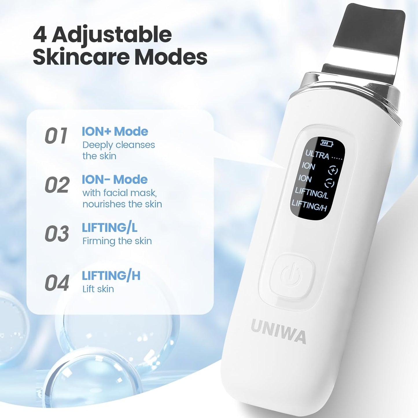 UNIWA Skin Scrubber | Ultrasonic Face Spatula for Deep Cleansing & Blackhead Removal - 4 Modes, LCD Display, Waterproof - White