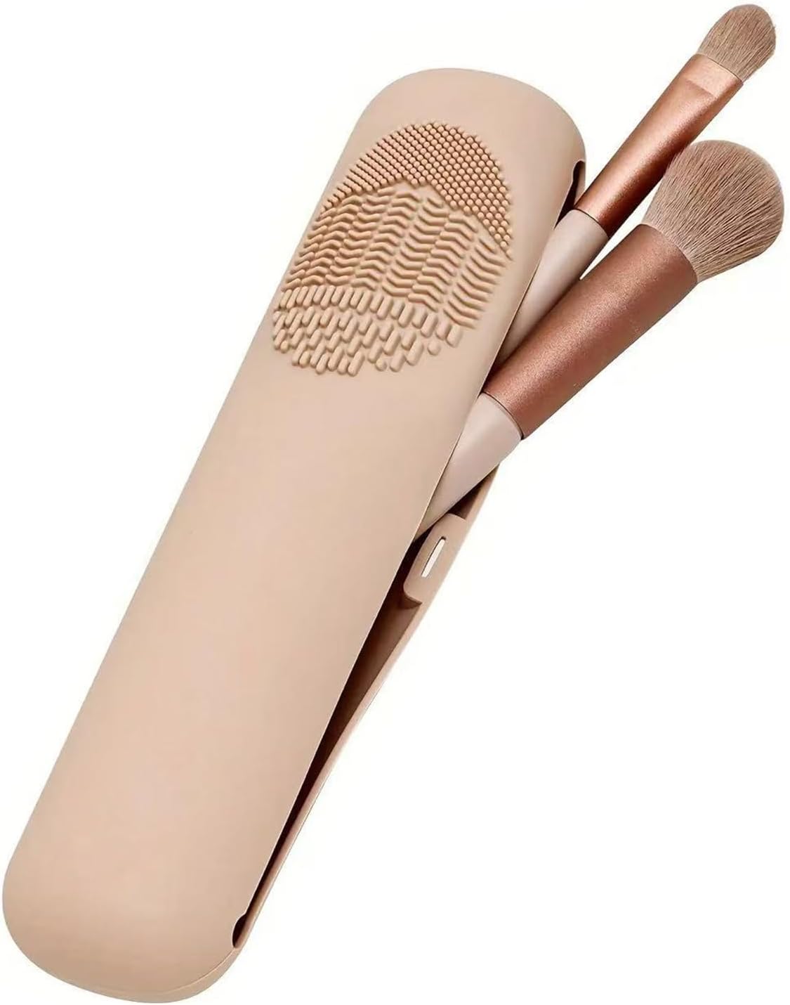 Silicone Makeup Brush Holder - Magnetic Closure Travel Bag with Built-In Cleaner | Portable Cosmetic Organizer - Khaki