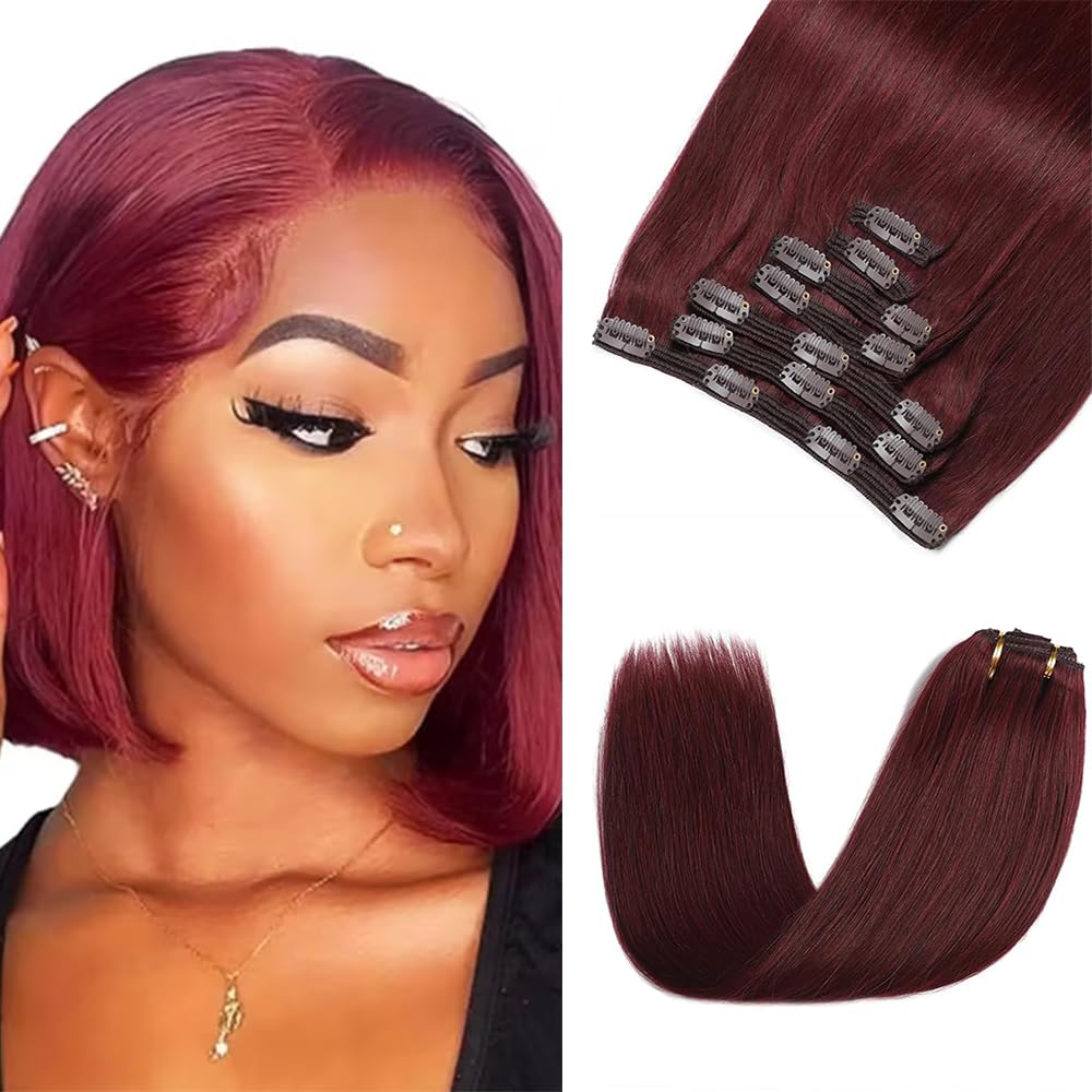 99J Clip in Hair Extensions Real Human Hair, 12 Inch 120g/7Pcs,Full Shine Burgundy Remy Hair,#99J Burgundy Straight Clip ins Hair Brazilian Virgin Human Hair Extensions