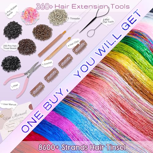 Hair Tinsel, 18 Colors Fairy Hair Tinsel Kit for Teen Girls 8600 Strands Heat Resistant Glitter Hair Extensions for Christmas Party Festival(18 Colors 48 Inches)