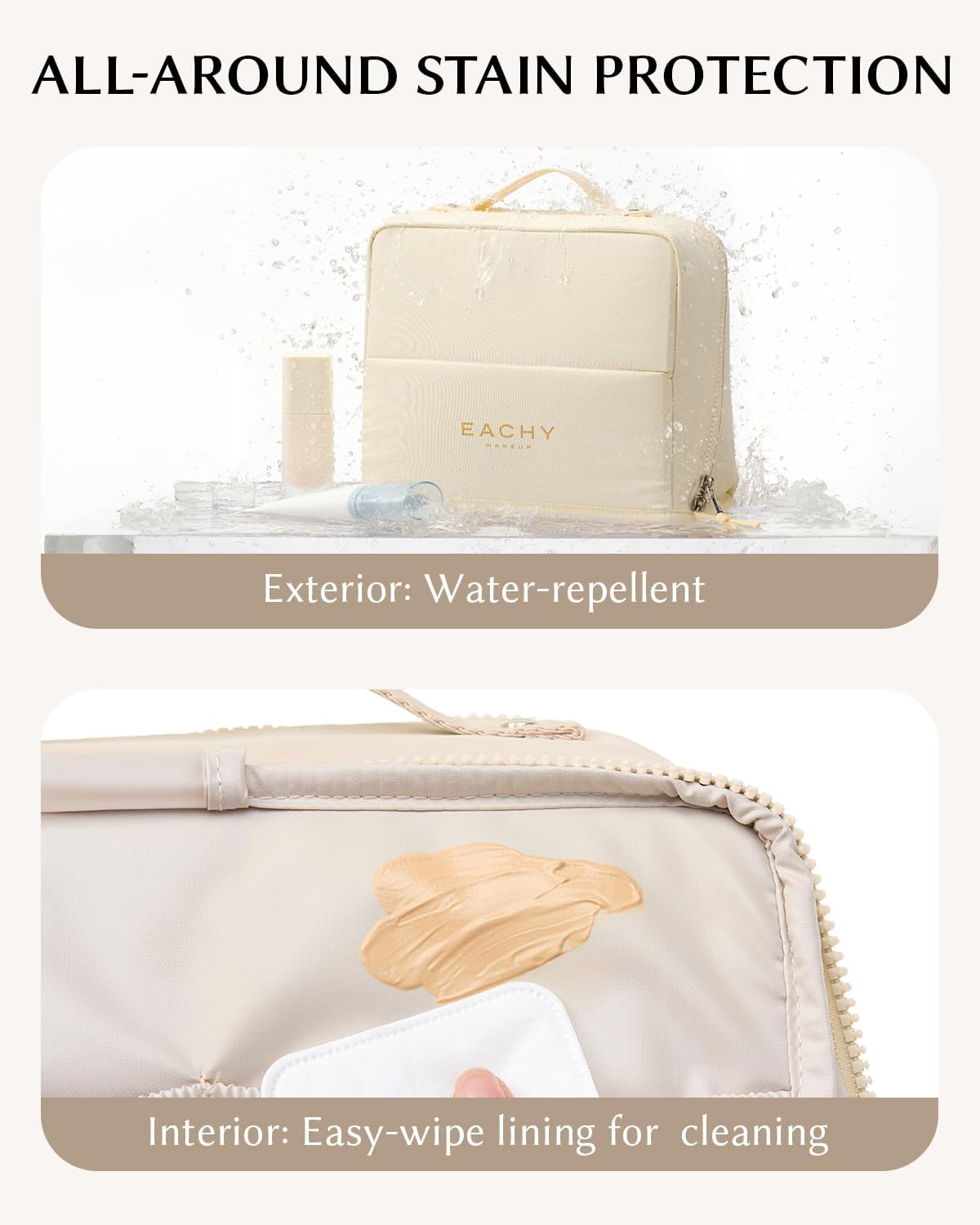 Large Waterproof Makeup Bag - EACHY Cosmetic Organizer with Phone Holder & Detachable Dividers | Wipe-Clean Brush Pouch for Women