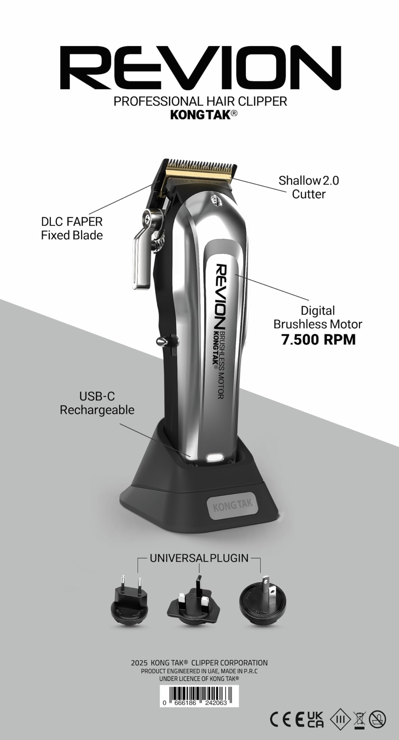 KONG TAK REVION Professional Hair Clipper with Digital Brushless Motor and FAPER DLC Blade