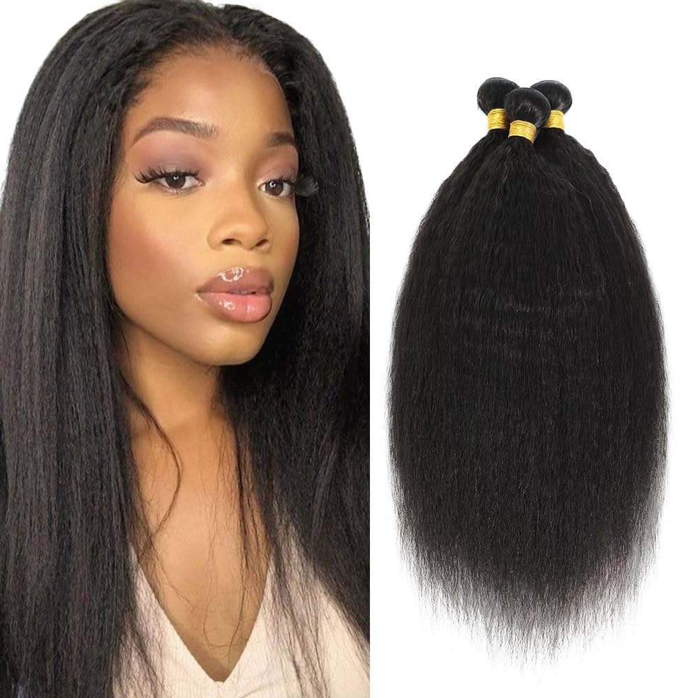 Human Hair Bundles Kinky Straight Bundles 18 20 22 Inch #1B Natural Black Yaki Straight Bundle Unprocessed Brazilian Virgin Weave Hair 3 Bundle 50 Gram Per Bundle