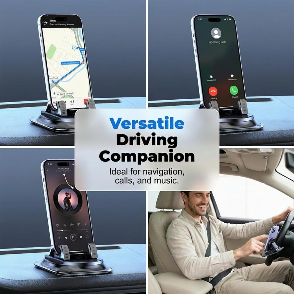 NEKSKA Dashboard Phone Holder for Car, 360 Degree Rotation Mount, Foldable Silicone Dash Stand, Anti-Slip Mobile Cradle Compatible (1PC)