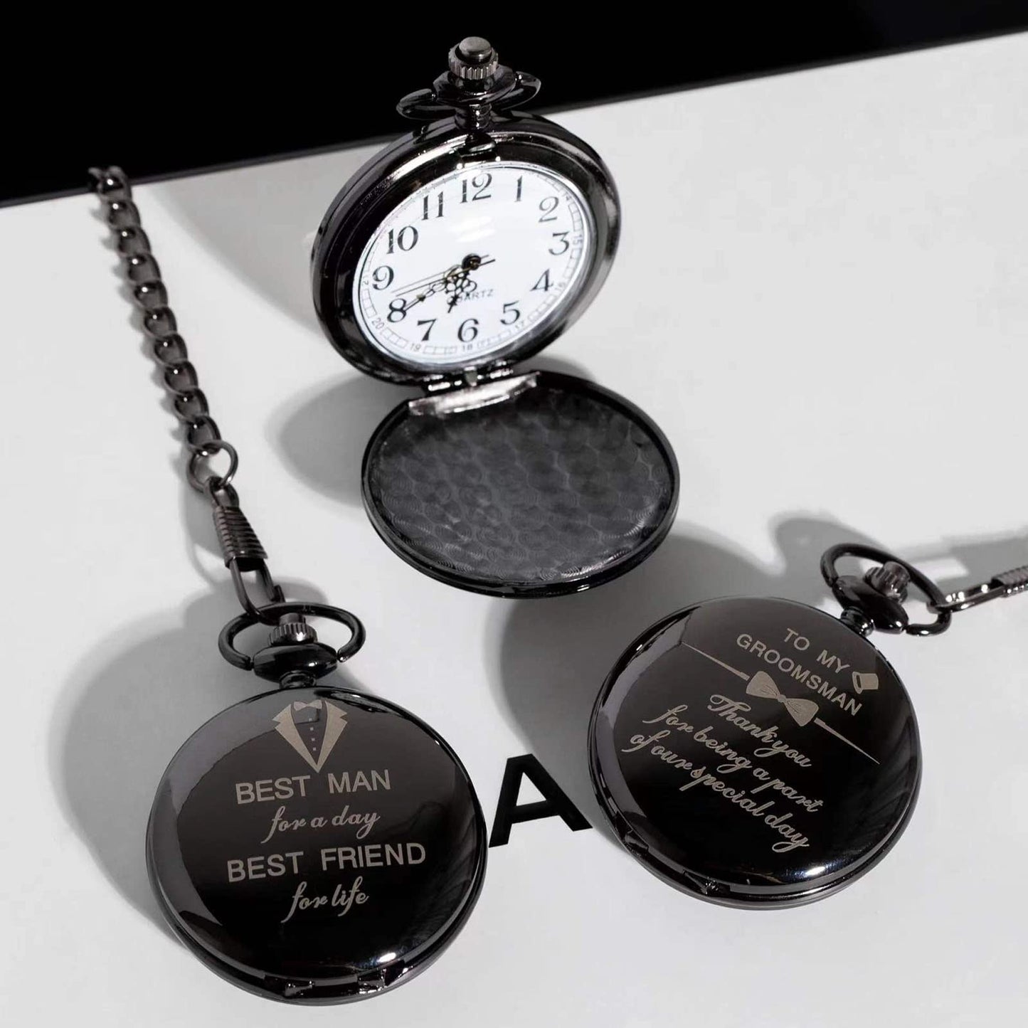 Yewkit 4 Pcs Groomsman Gifts for Wedding Groomsmen Engraved Pocket Watch Best Man Proposal Gifts Roman Numerals Quartz Pocket Watch Wedding Gifts with Chain for Groomsman Best Man