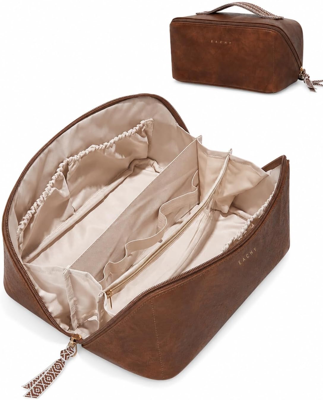 Travel Makeup Bag - Large Capacity Waterproof PU Leather Cosmetic Organizer | Flat Open Design for Skincare & Brushes