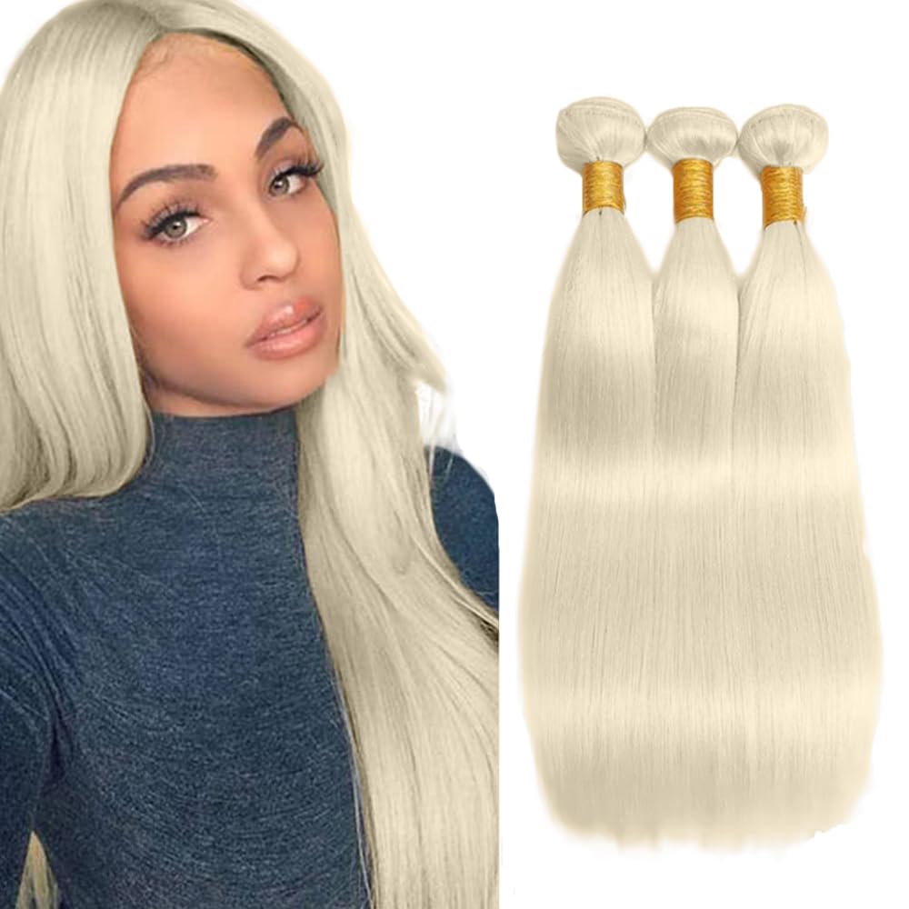 24 26 28 Inch #88 Platinum Blonde Bundles Straight Bundles Human Hair Platinum Blonde Straight Bundle Unprocessed Brazilian Virgin Weave Hair 3 Bundle 50 Gram Per Bundle for Black Women
