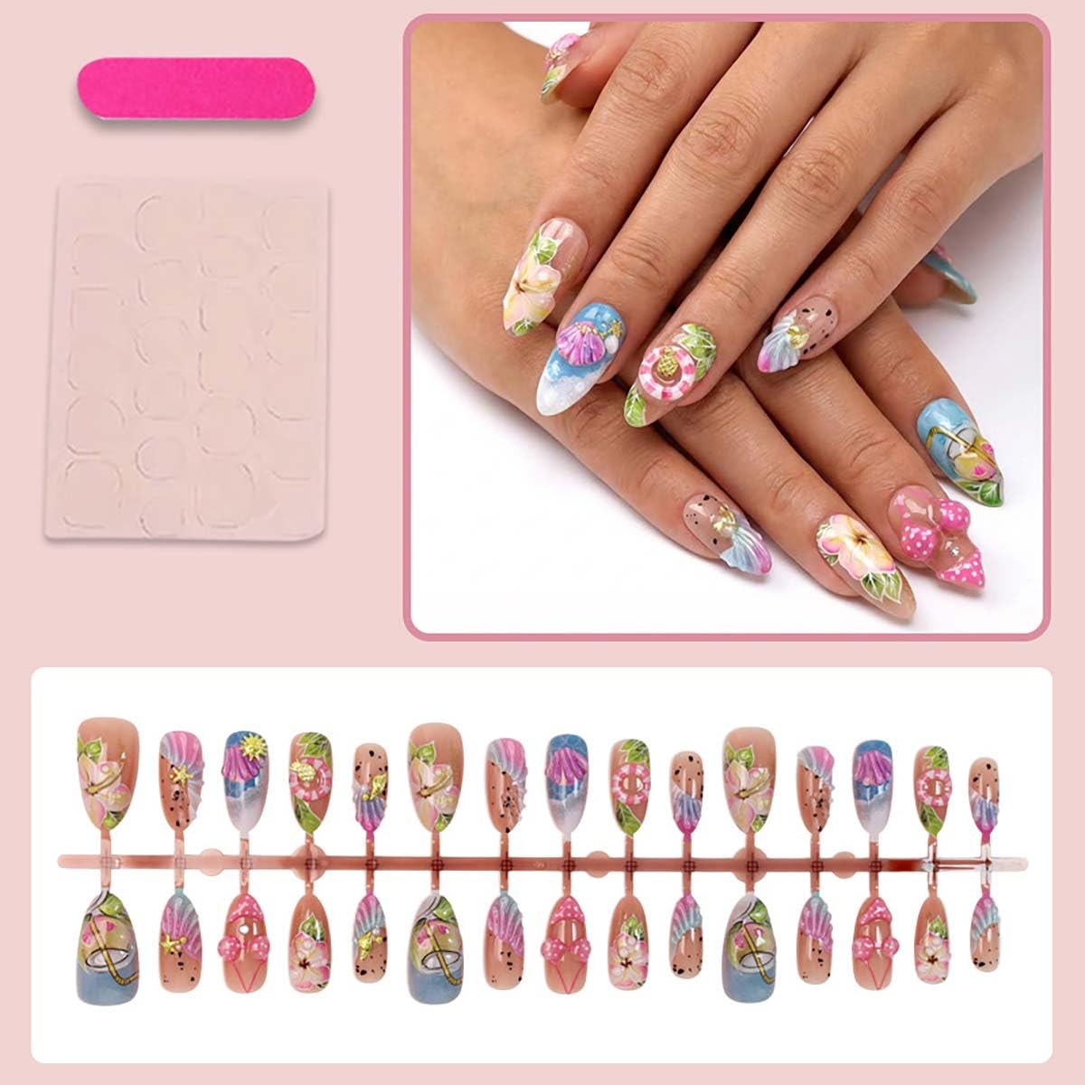 Press-On Nails - 24Pcs Medium Almond Beach Flower Design | Full Cover Acrylic with Shell & Starfish Rhinestones