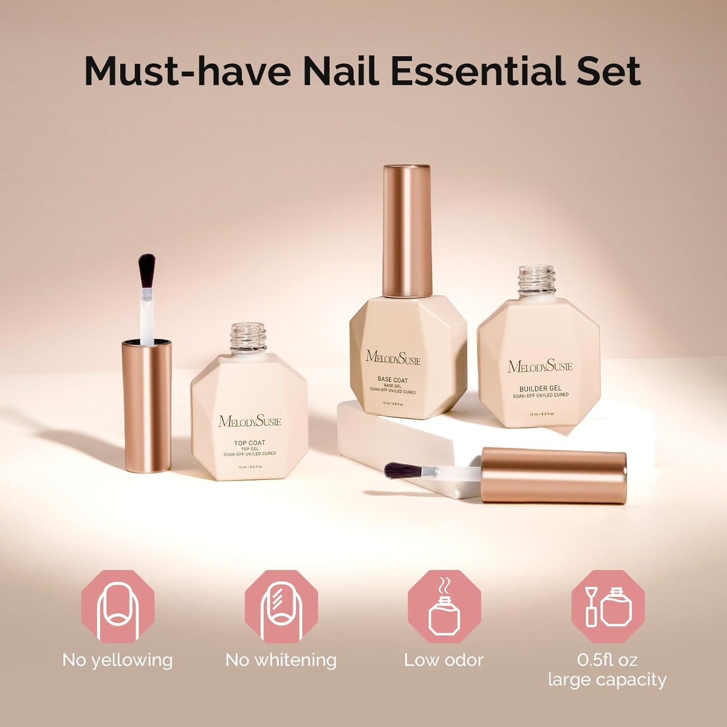 Top Coat Builder Gel Set - No Wipe Glossy Finish for Nail Art | 3 Pcs 15ml Clear, Long-Lasting Shine