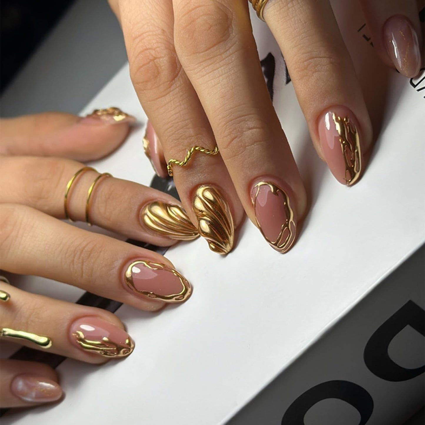 Short Almond Press-On Nails - 3D Gold Carved Ripple Design | Glossy Full Cover Acrylic Nails - 24 Pcs Nude Pink Manicure Set