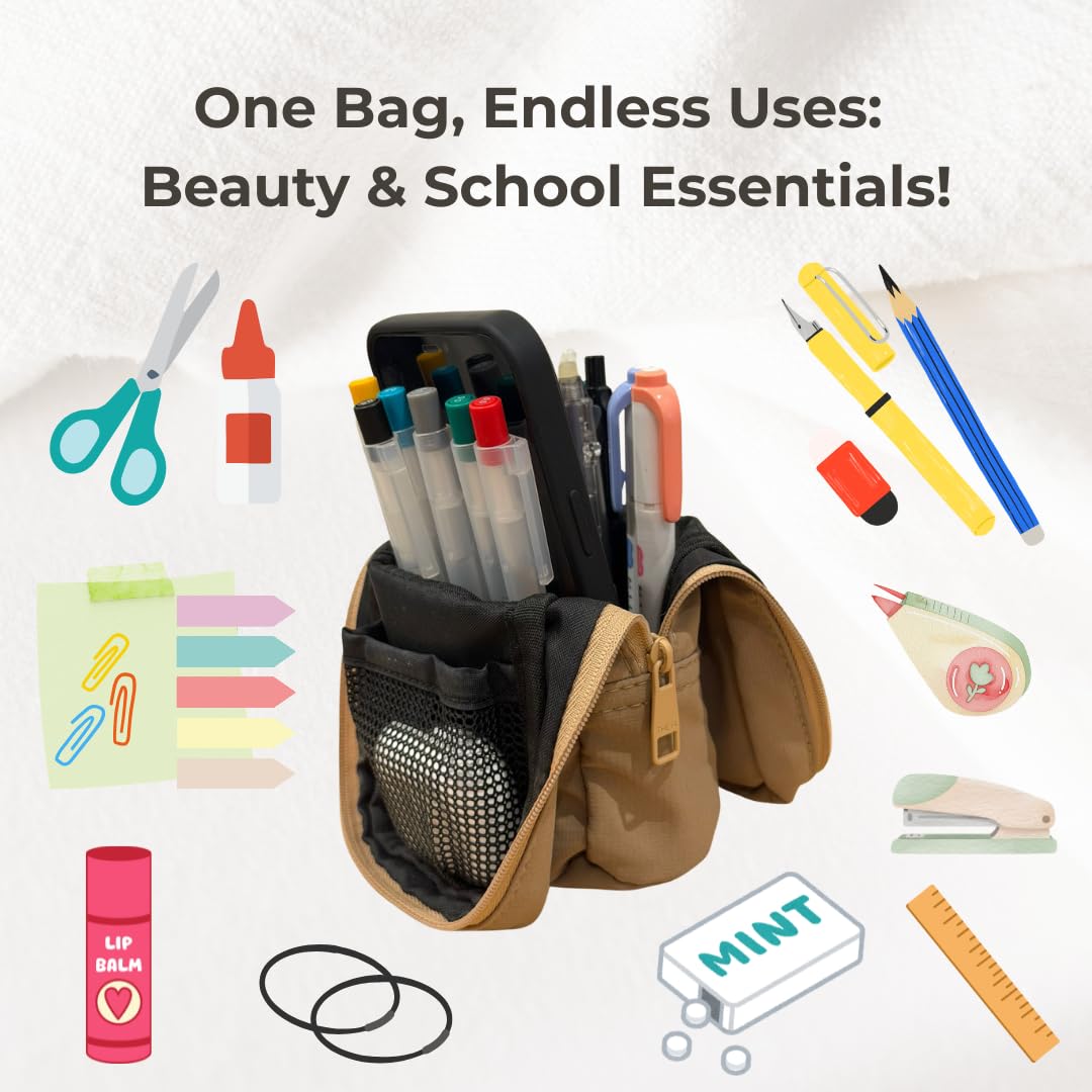 VANTSO Mini Standing Makeup Bag and Teacher Pouch for Women, Expandable Travel Cosmetic Organizer with Brush Holder, Multi-purpose Teacher Makeup Bag & Pencil Case for Daily Essentials