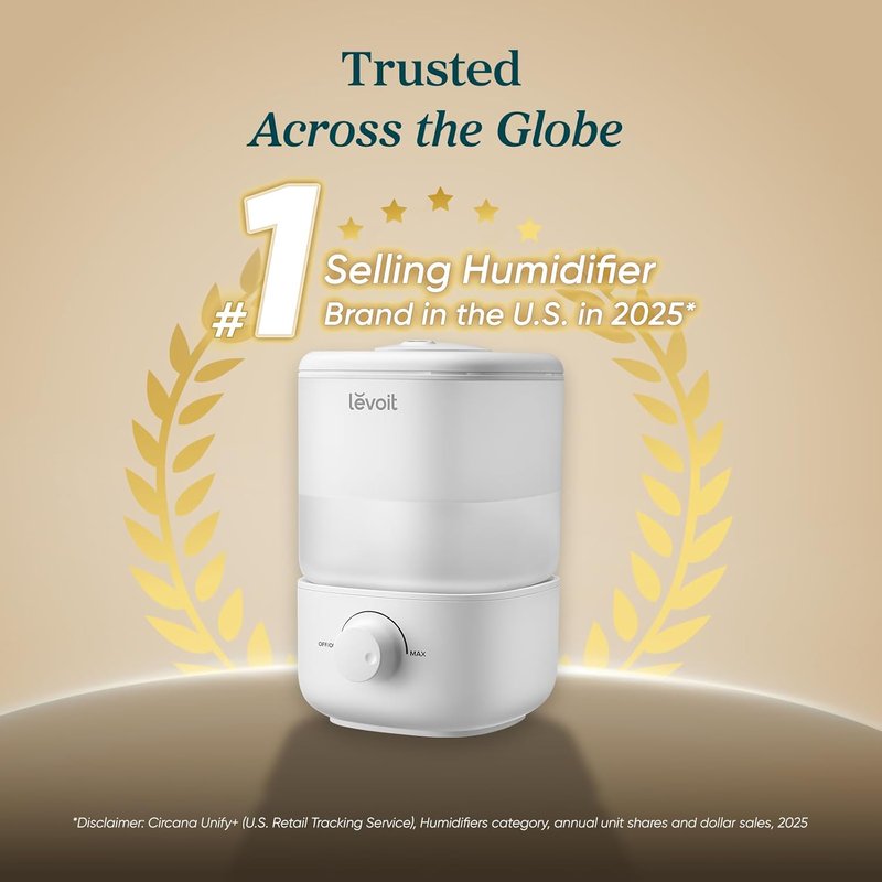 LEVOIT Top Fill Humidifier - 2.5L Quiet Cool Mist for Large Rooms | Easy to Clean, Auto Shut-Off, Ideal for Baby Nursery & Plants