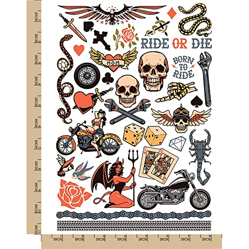 Biker Skulls Temporary Tattoo Sheet - Color Waterproof Body Art