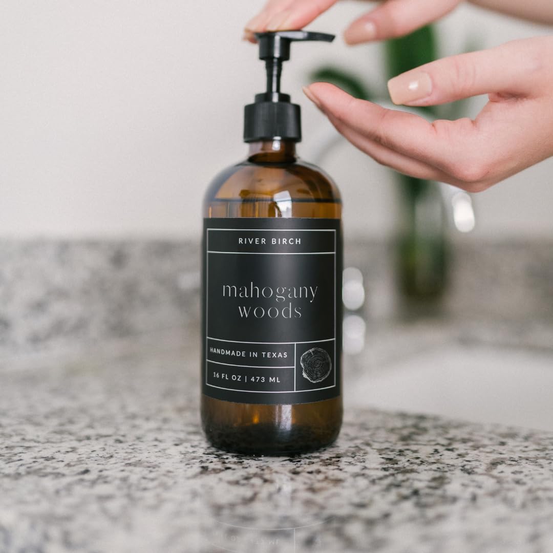 River Birch Mahogany Woods Scented Hand Soap - Moisturizing Vegan Formula | 16 Fl Oz Amber Glass Dispenser