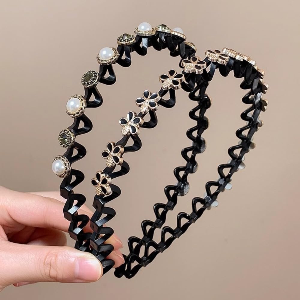Women Wave Hair Hoops Braided Tools Rhinestone Flower With Toothed Headband Artifact for Tidying Broken Hair