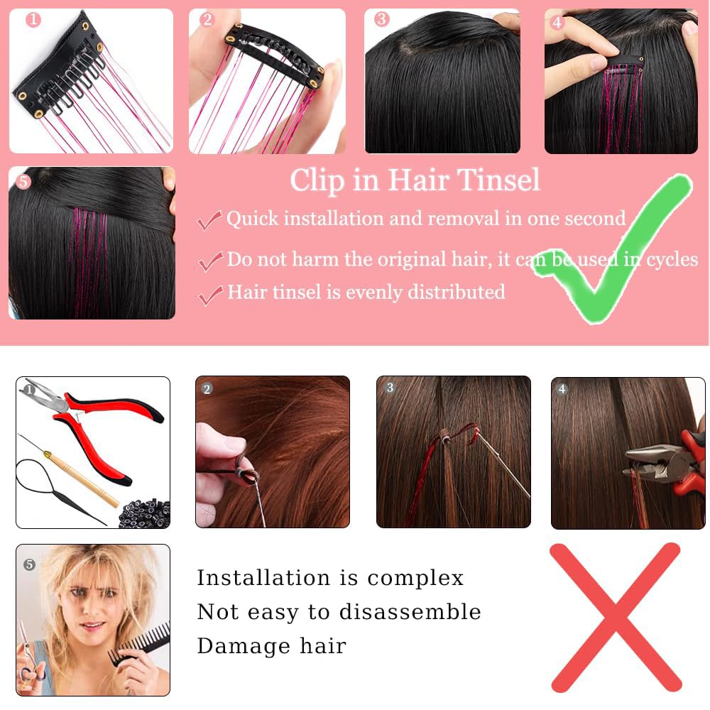 Clip In Hair Tinsel Extensions - 20 Inch Glitter Strands for Festivals | 12 Pcs Black Dazzle Kit for Women & Girls
