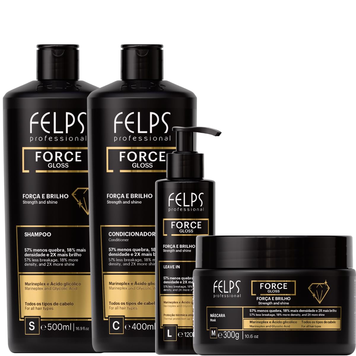 Kit Felps Professional Force Gloss Hair Care Set, Black, with Marineplex and Glycolic Acid, Includes Shampoo 16.9oz, Conditioner 13.5oz, Leave-In 4.23oz, Mask 10.6oz, for All Hair Types