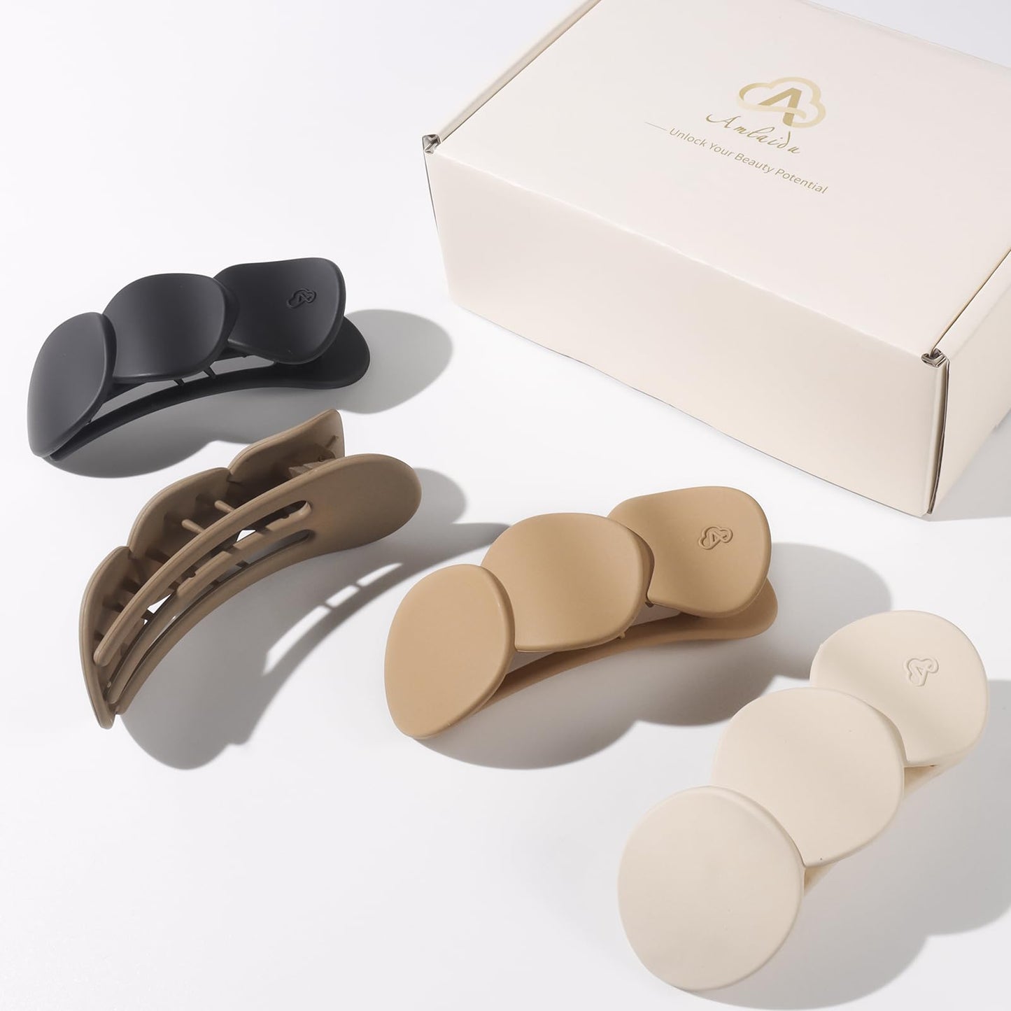 Amlaidu Medium Flat Hair Clips for Women, French Claw Clips Strong Hold for Thick & Thin Hair, Duckbill Hair Clips Non Slip for Driving Yoga - Beige, Light Khaki, Dark Khaki, Black, 4pcs