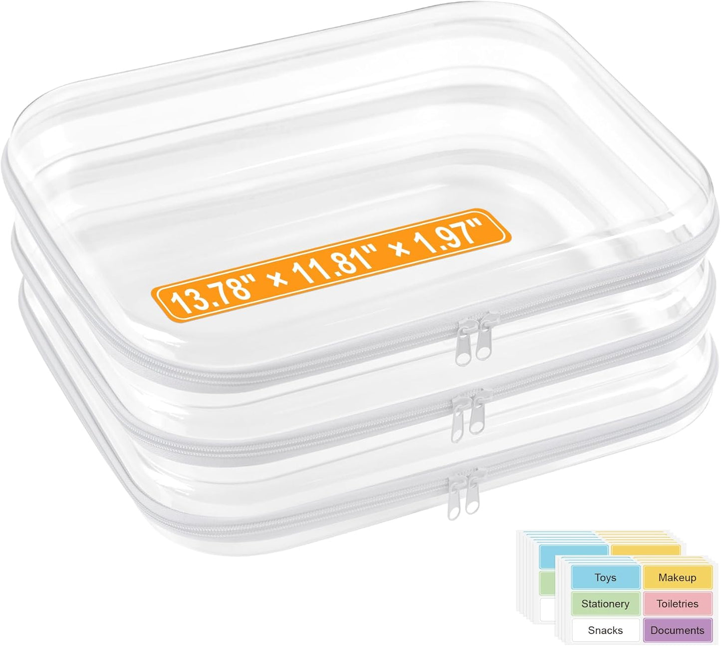 Extra Large Clear Hard Shell Zipper Case - Travel Toiletry Pouch & Makeup Organizer | 3 Pack, White