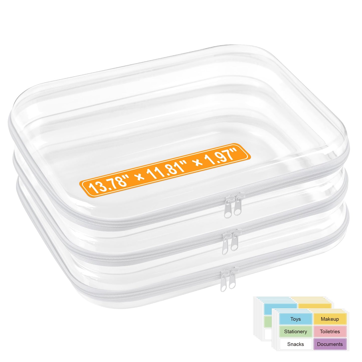 OrgEase 3 Pack Extra Large Clear Hard Shell Zipper Case with Labels, Travel Toiletry Pouch Makeup Organizer, Clear Diaper Bag, Hard Plastic Storage Bins for Board Game Toy Puzzle Stationery, White