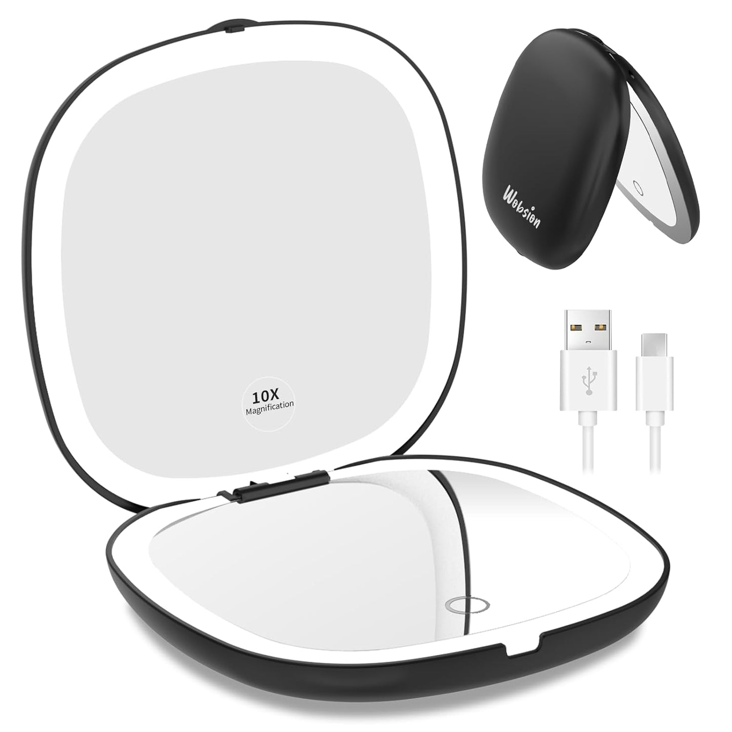 Rechargeable Lighted Travel Makeup Mirror - 1x/10x Compact Magnifying | Portable 4-Inch Black