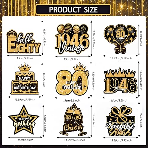80th Birthday Decorations - 9-Piece Black & Gold Honeycomb Centerpieces
