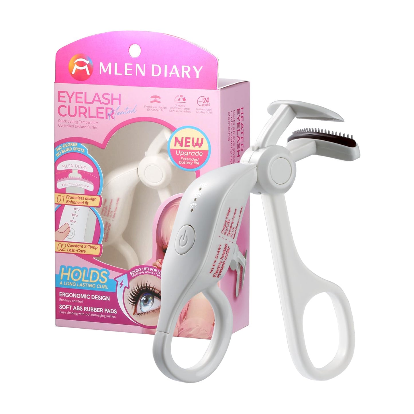 Heated Eyelash Curler, 10s Fast Heat Up Electric Lash Curler with 3 Temperature Modes, 24H Long Lasting Rechargeable Type-C Portable Travel Eyelash Curler, Anti-Burn Safe Natural Curling (White)