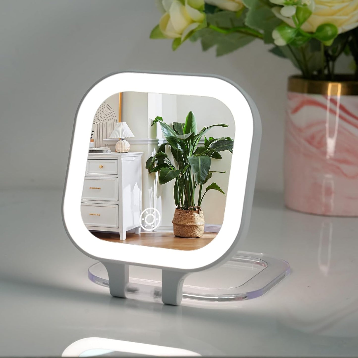 FUNTCH 7" Travel Makeup Mirror - 30X Magnification, Rechargeable Double-Sided Lighted Vanity Mirror with 3 Color Lights & Adjustable Brightness | 300° Rotation, Perfect Gift for Women, White