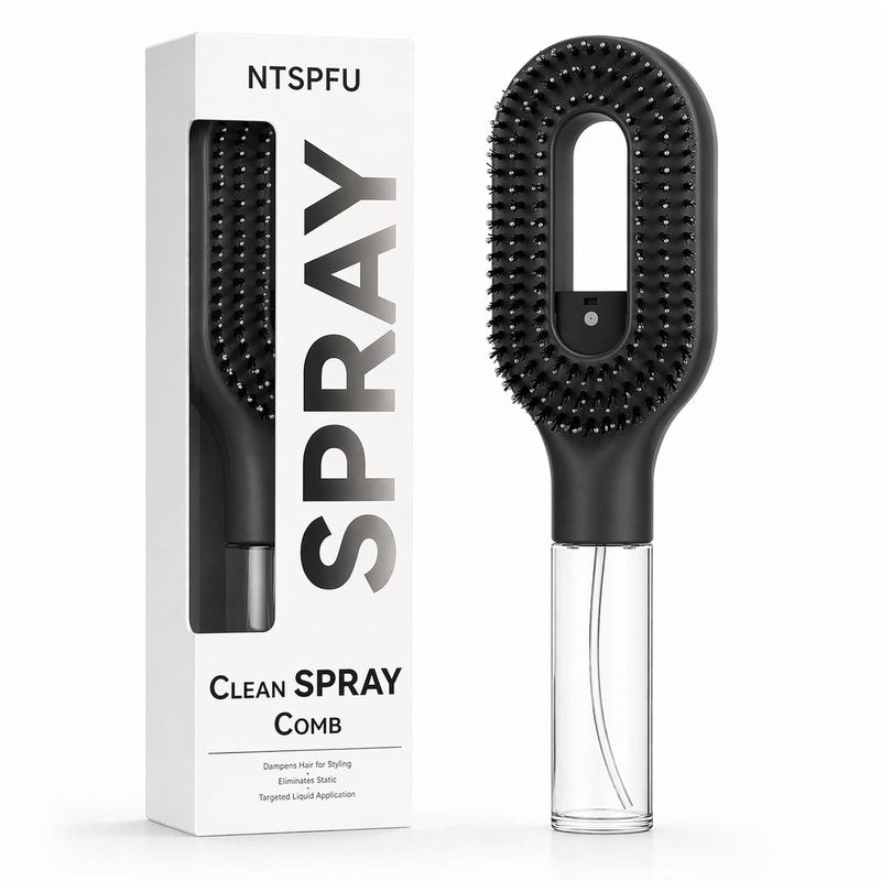 Misting Hair Brush - 2-in-1 Detangling Wet & Dry Brush with Fine Mist Sprayer | Anti-Frizz, Refillable Reservoir (Black)