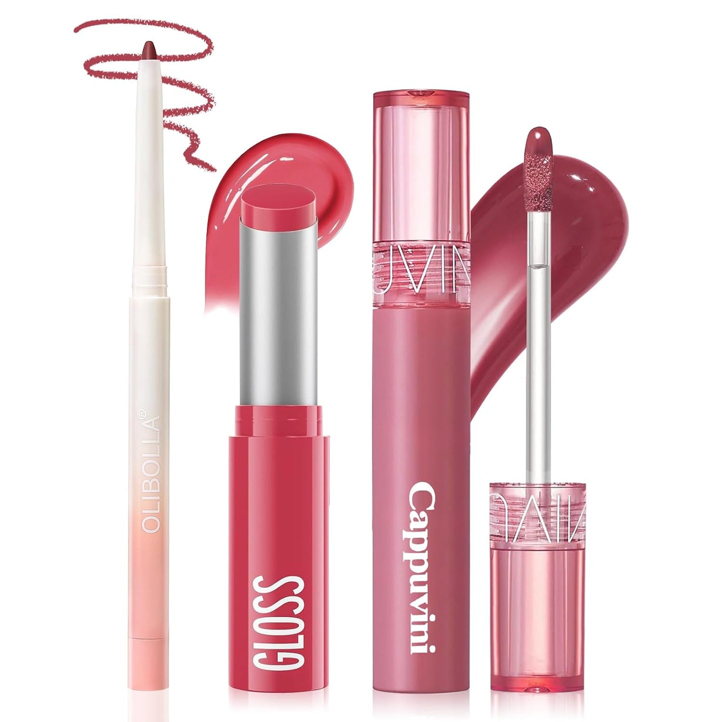 Korean Lip Plumping Kit - 3-Step Waterproof Lip Makeup Set | Non-Sticky, Long-Lasting Satin Finish, Sweet Fig