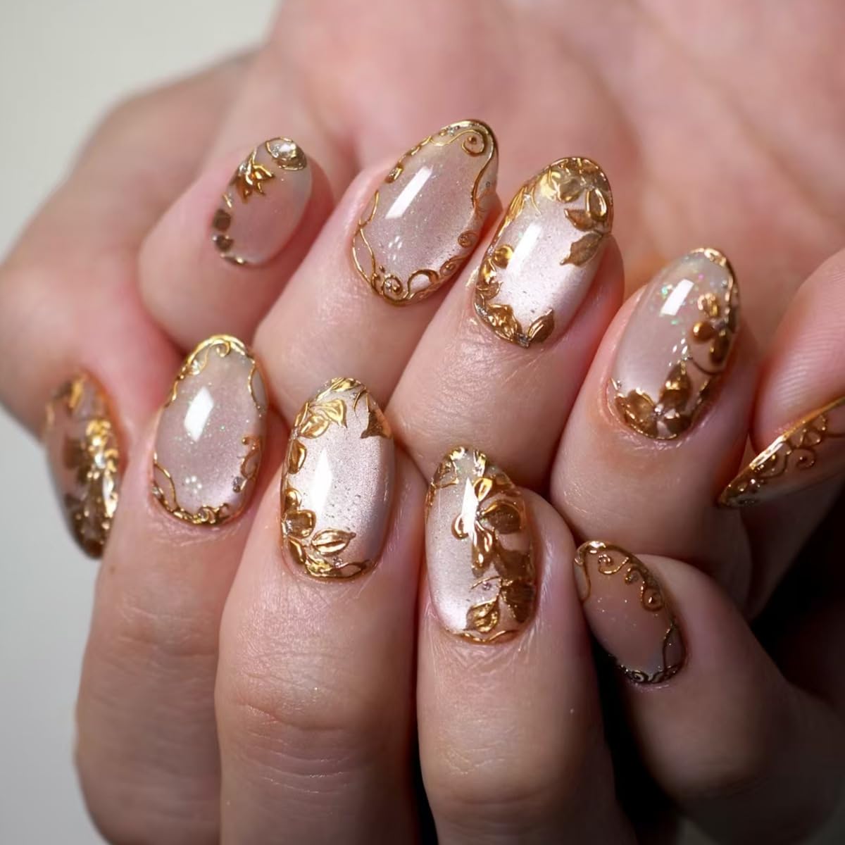 Cat Eye French Tip Press-On Nails - Nude & Pink Short Almond | Reusable Glue-On Nails with Gold Line for Weddings & Parties