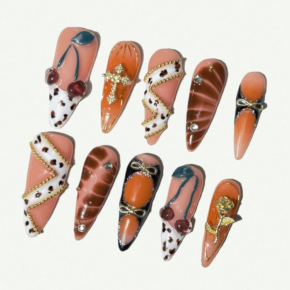 Press On Almond Nails - Handmade 3D Design, Thick Acrylic Gel | Reusable DIY Artificial Nails for Women (10 Pieces)