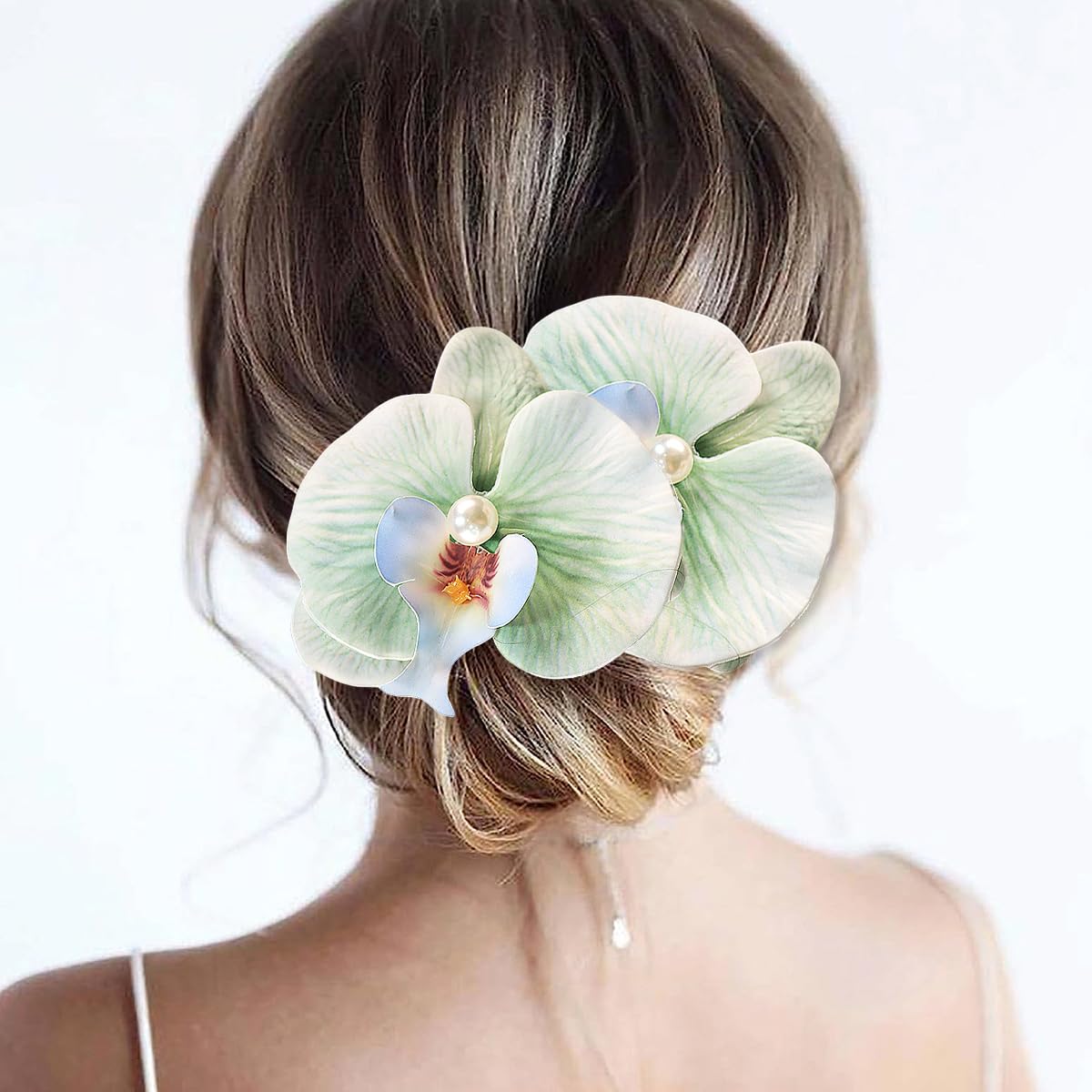 Boho Orchid Hair Clips - 2pcs Artificial Phalaenopsis Barrettes | Bridal Beach Party Accessories (Blue)