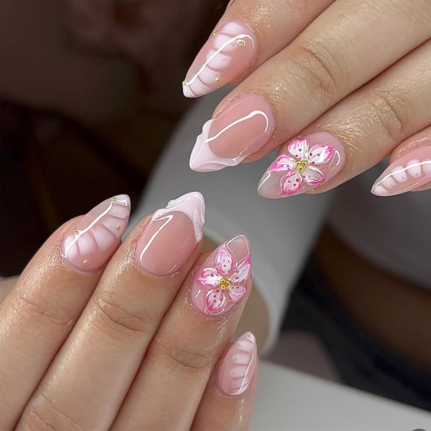 French Tip Press-On Nails - 24Pcs Short Almond 3D Cherry Blossom Design | Reusable Acrylic in Nude Pink with Gold Rhinestones