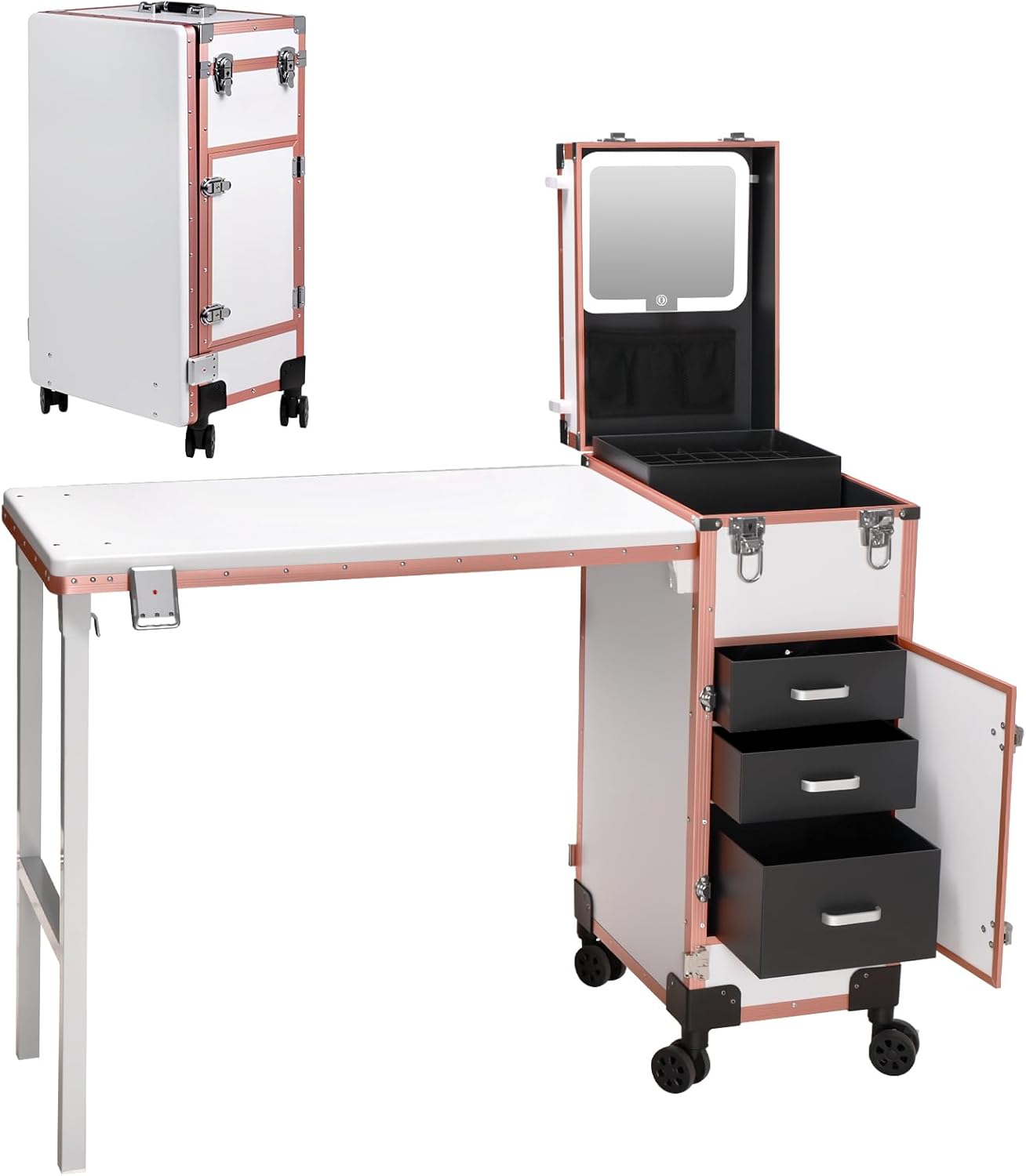 Portable Manicure Table - Rolling Nail Desk with 3 Drawers & Lockable Makeup Case | Pink with Detachable Mirror
