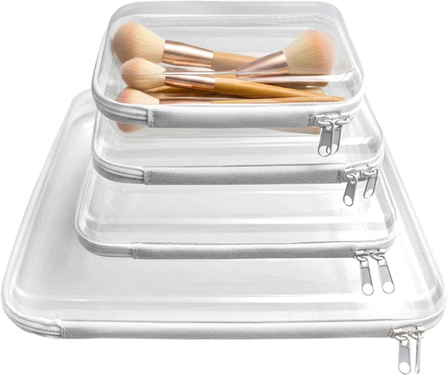 Clear Hard Shell Double-Zipper Pouches - Transparent Organizer Bags for Travel, Cosmetics & Toiletries | 4-Pack (White)