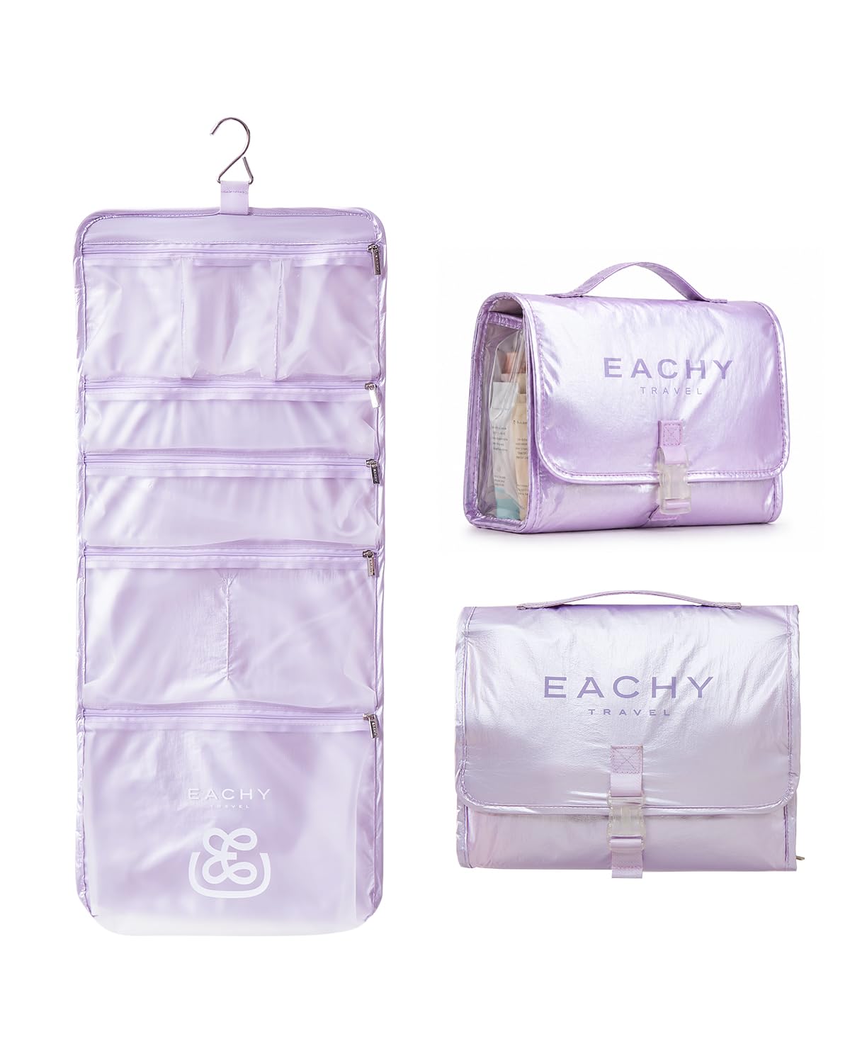 EACHY Hanging Toiletry Bag with Buckle Closure, Ultra-Lightweight Travel Essentials, Waterproof Toiletry Bag for Women Men, Portable Makeup Organizer with Matte TPU Pockets and Hanging Hook