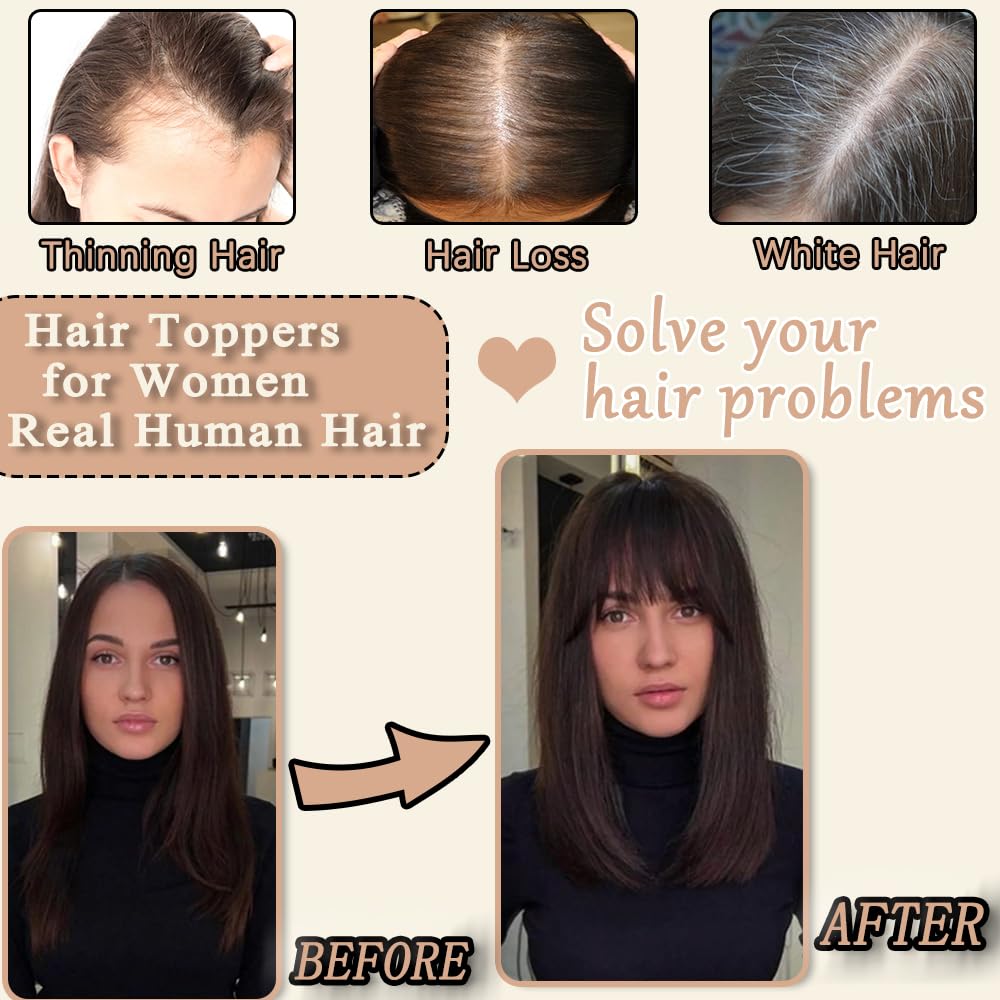 HVVZOY Hair Toppers for Women Real Human Hair,360°3D Big Basement Cover Topper for Women with Thinning Crown with Wispy Clip in Bangs Realistic Scalp